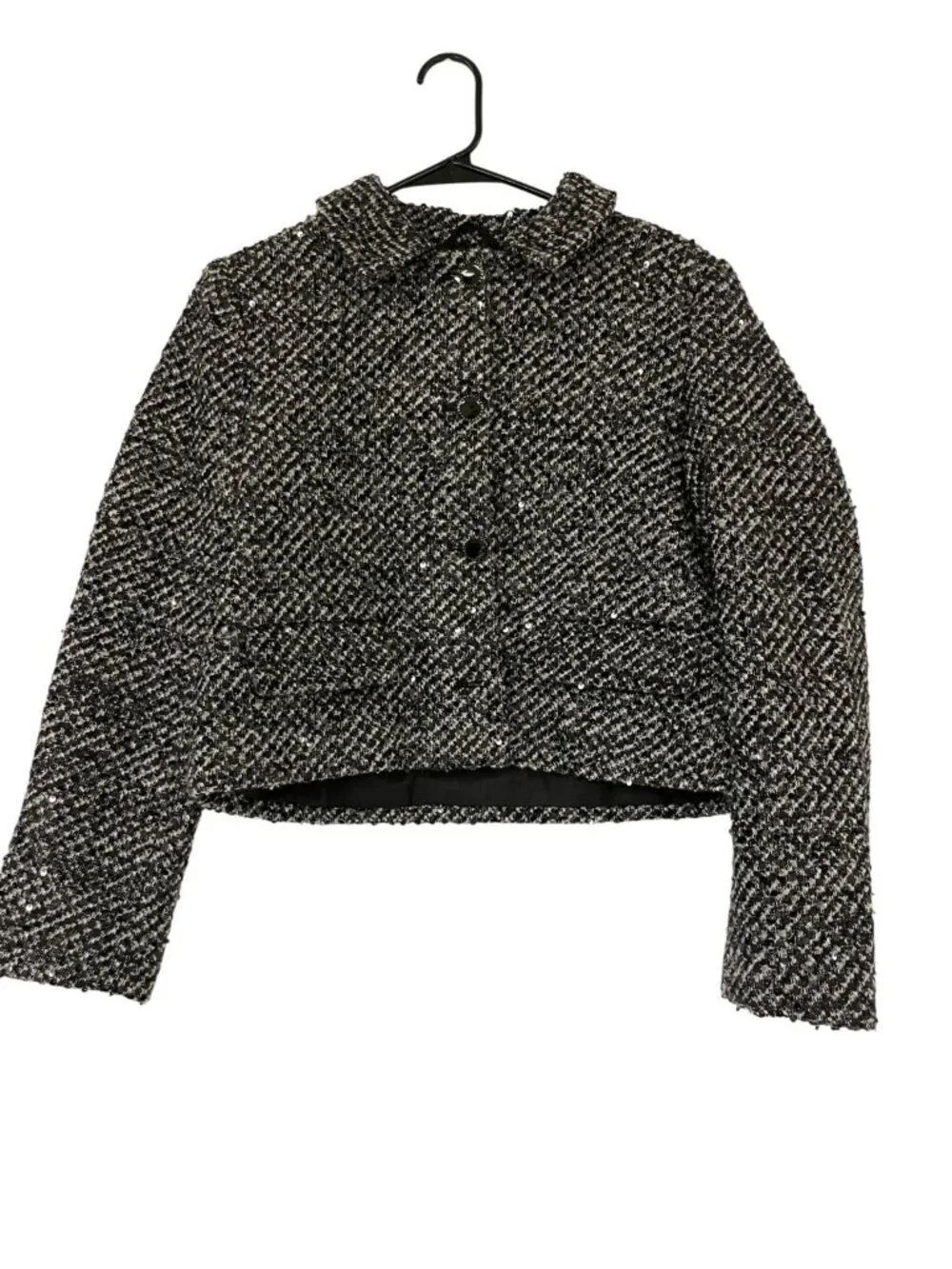 Zara Womens Sequin Blazer Jacket Large Black Textured Tweed 1689/299 NWT